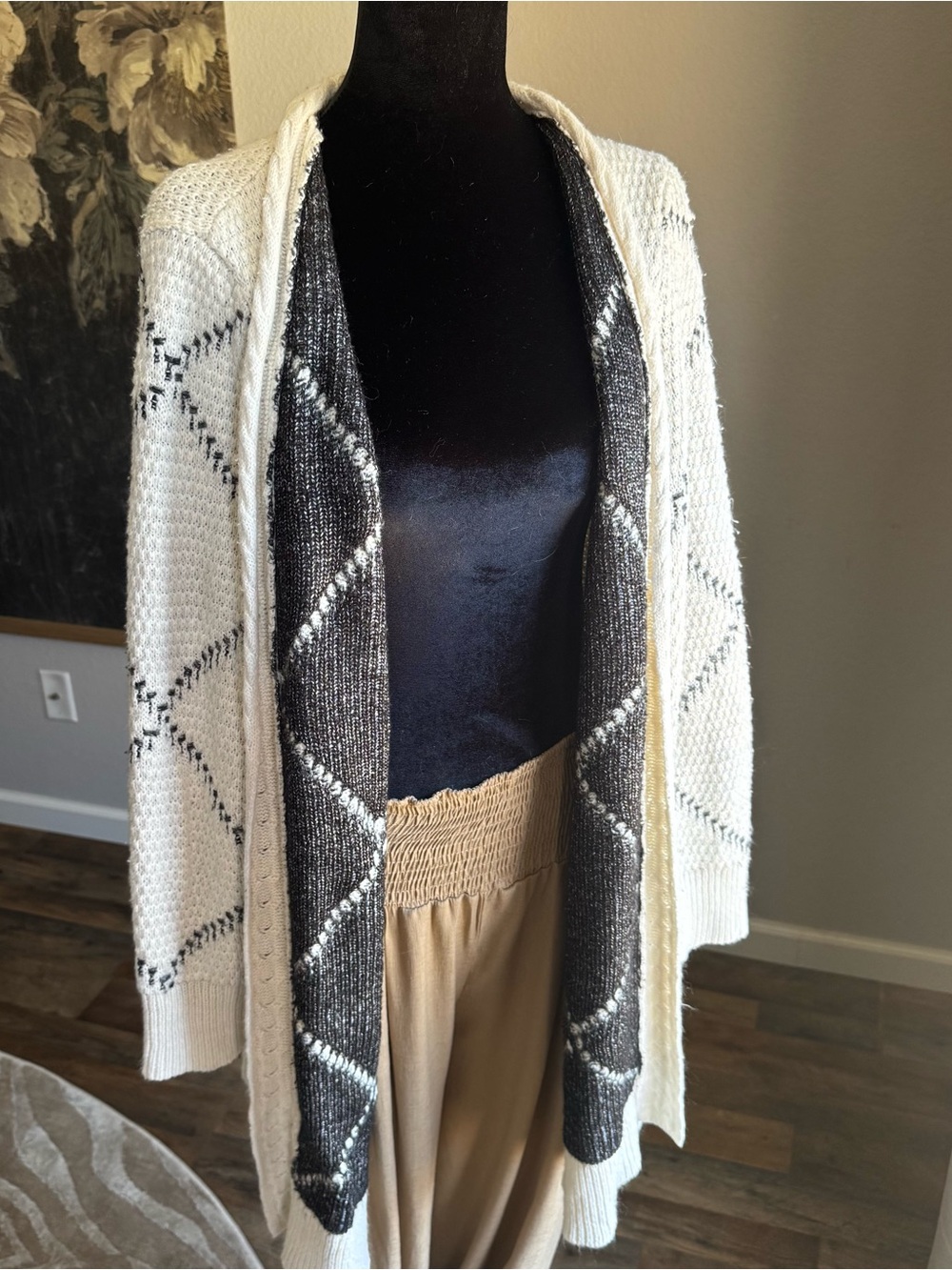 Soma Cream Open-Front Cardigan with Charcoal Diamond Trim